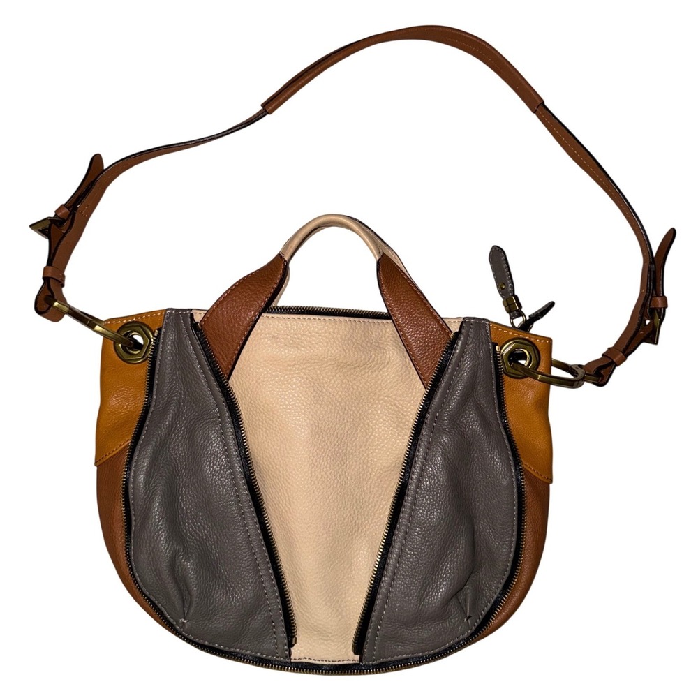 oryany lian Colorblock boho Pebbled Leather Satchel Crossbody Bag Tan Brown Grey